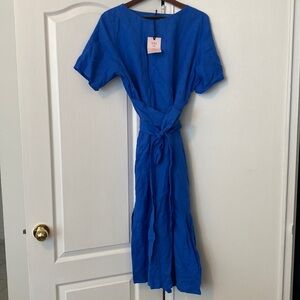 Stunning 100% linen midi summer dress in brilliant blue 1x with pockets!